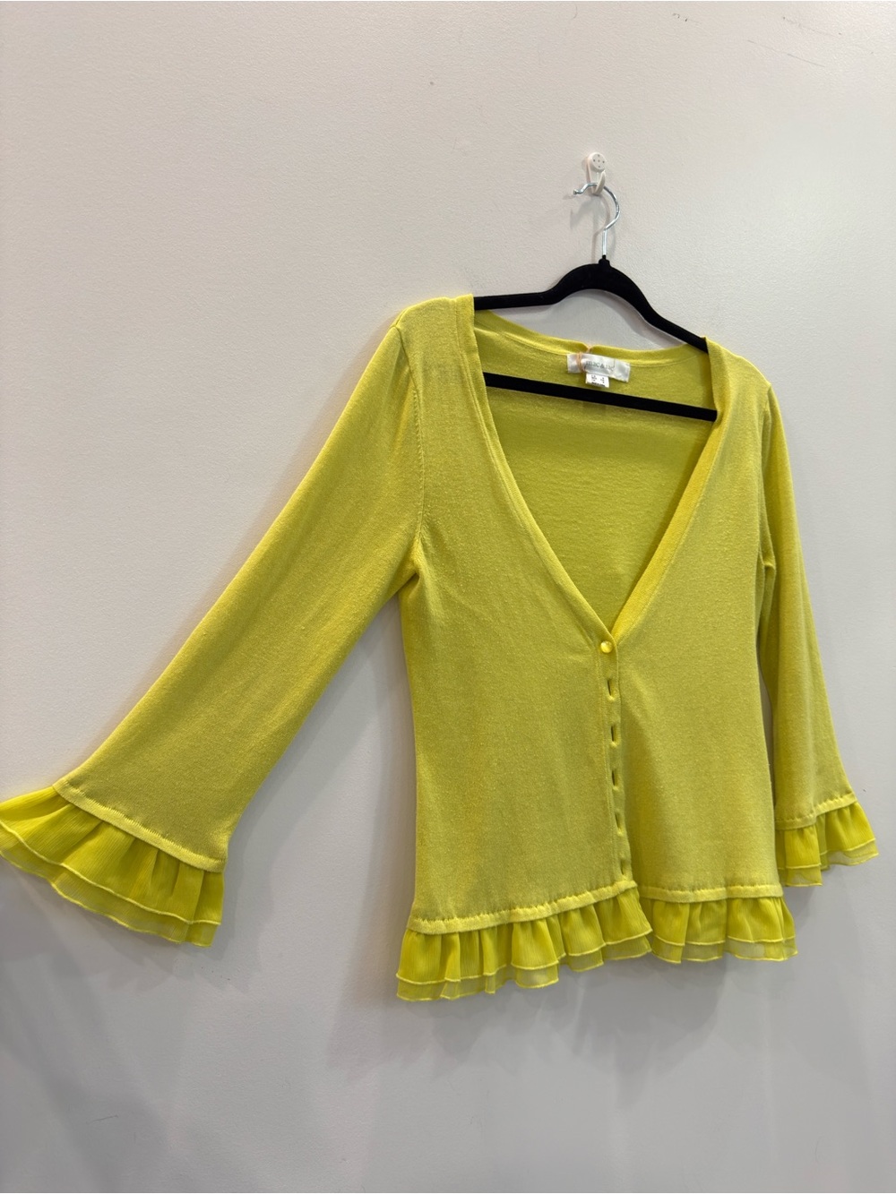mac & jac Bright Yellow Ruffle-Hem V-Neck Cardigan